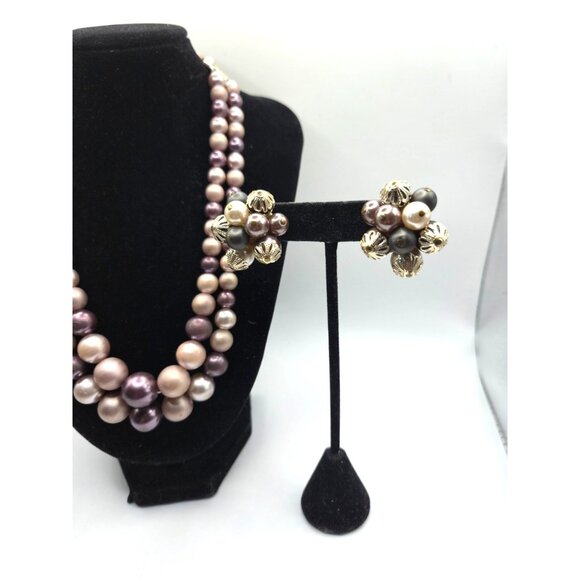 Vintage Japan 2-Strand Graduated Pearl Necklace & Earrings Mauve/Plum Set - Picture 4 of 5